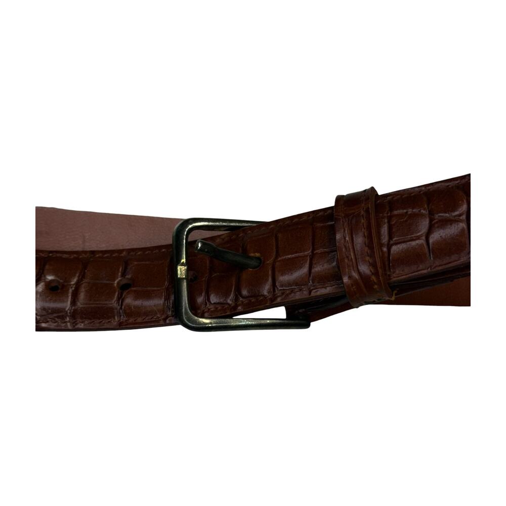Brown Croc Embossed Leather Belt Antiqued Buckle 37 Inches - Picture 2 of 6